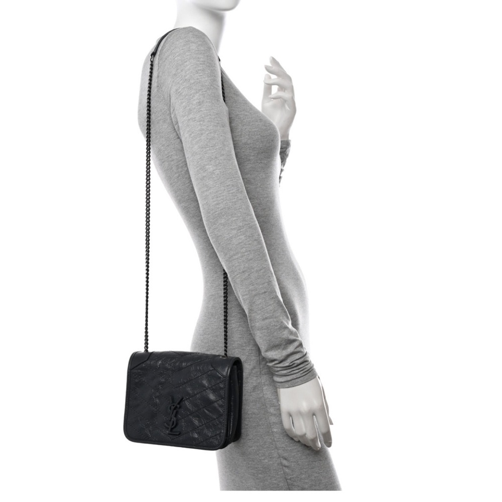 Saint Laurent Crinkled Calfskin Matelasse Monogram Niki Chain Wallet Storm